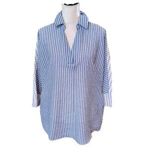 She + Sky Long Sleeve Blue and White Striped Casual Blouse in Size Medium